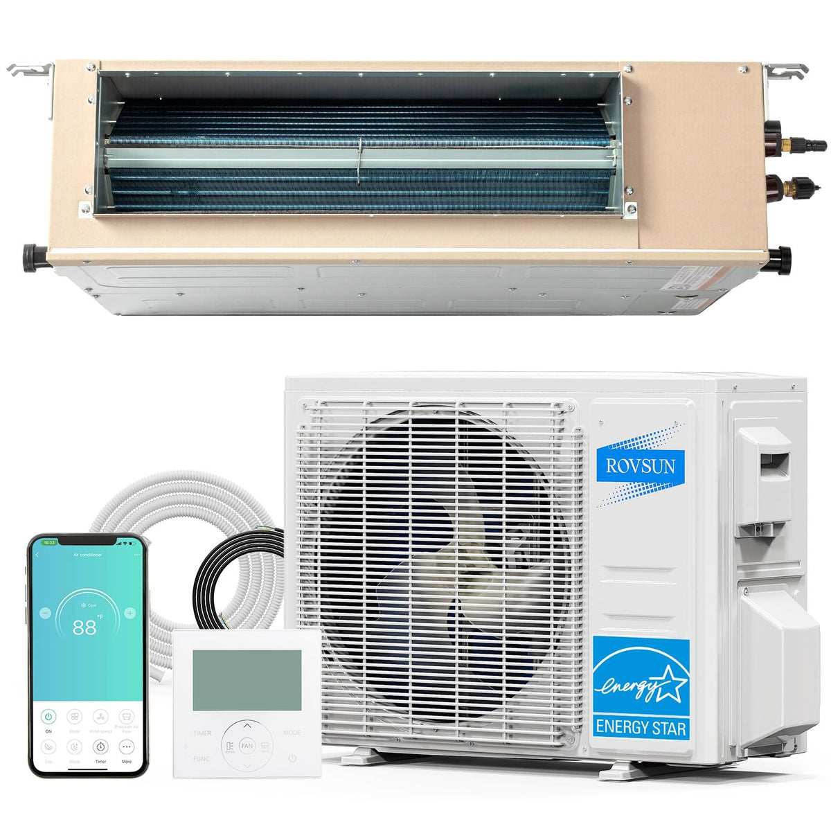 ROVSUN 9500 BTU 19 SEER2 230V Concealed Ducted Mini Split Air Conditioner Heat Pump with 16ft Installation Kit