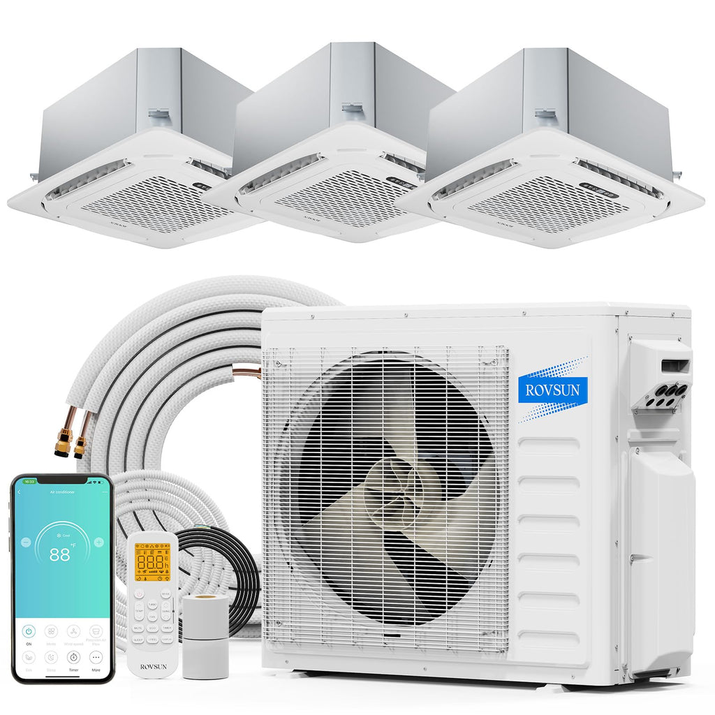 ROVSUN 28000 BTU 20 SEER2 230V Tri-Zone (9K+9K+12K) Ceiling Cassette Mini Split Air Conditioner Heat Pump with 25ft Installation Kit