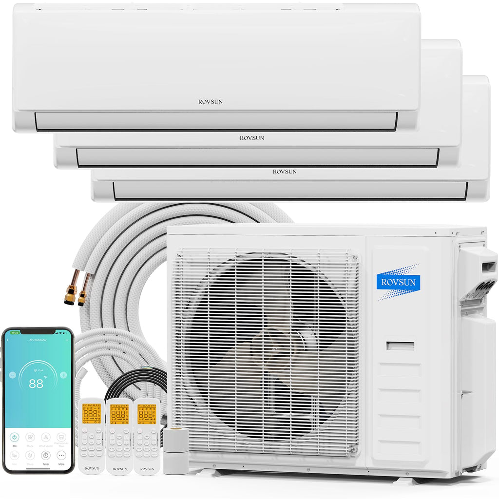 ROVSUN 38000 BTU 20 SEER2 230V Tri-Zone (9K+9K+18K) Mini Split Air Conditioner Heat Pump with 25ft Installation Kit