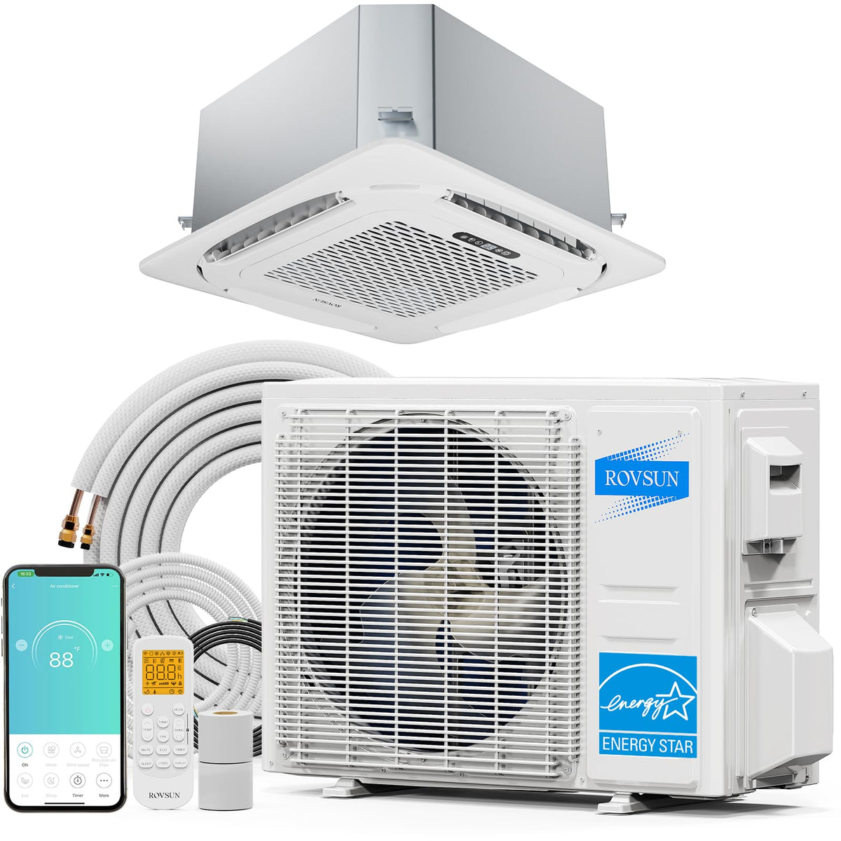 ROVSUN 12000 BTU 24 SEER2 230V Ceiling Cassette Mini Split Air Conditioner Heat Pump with 16ft Installation Kit