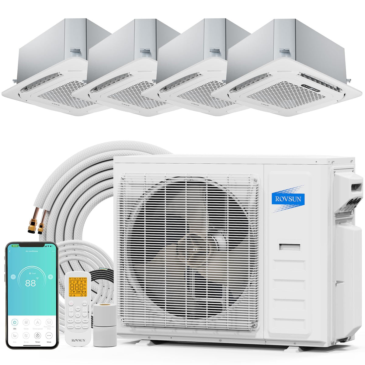ROVSUN 38000 BTU 20 SEER2 230V Quad Zone (12K+12K+12K+12K) Ceiling Cassette Mini Split Air Conditioner Heat Pump with 25ft Installation Kit