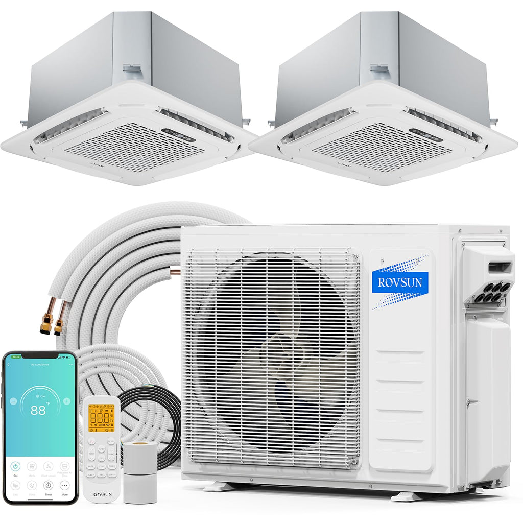 ROVSUN 18000 BTU 25 SEER2 230V Dual Zone (12K+12K) Ceiling Cassette Mini Split Air Conditioner Heat Pump with 25ft Installation Kit