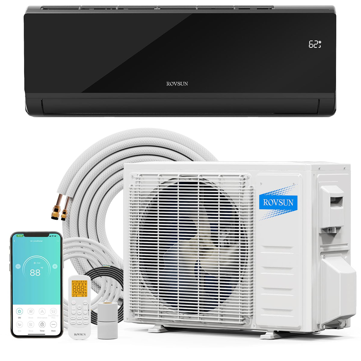 ROVSUN 12000 BTU 20 SEER2 115V Mini Split Air Conditioner Heat Pump with 16ft Installation Kit Black