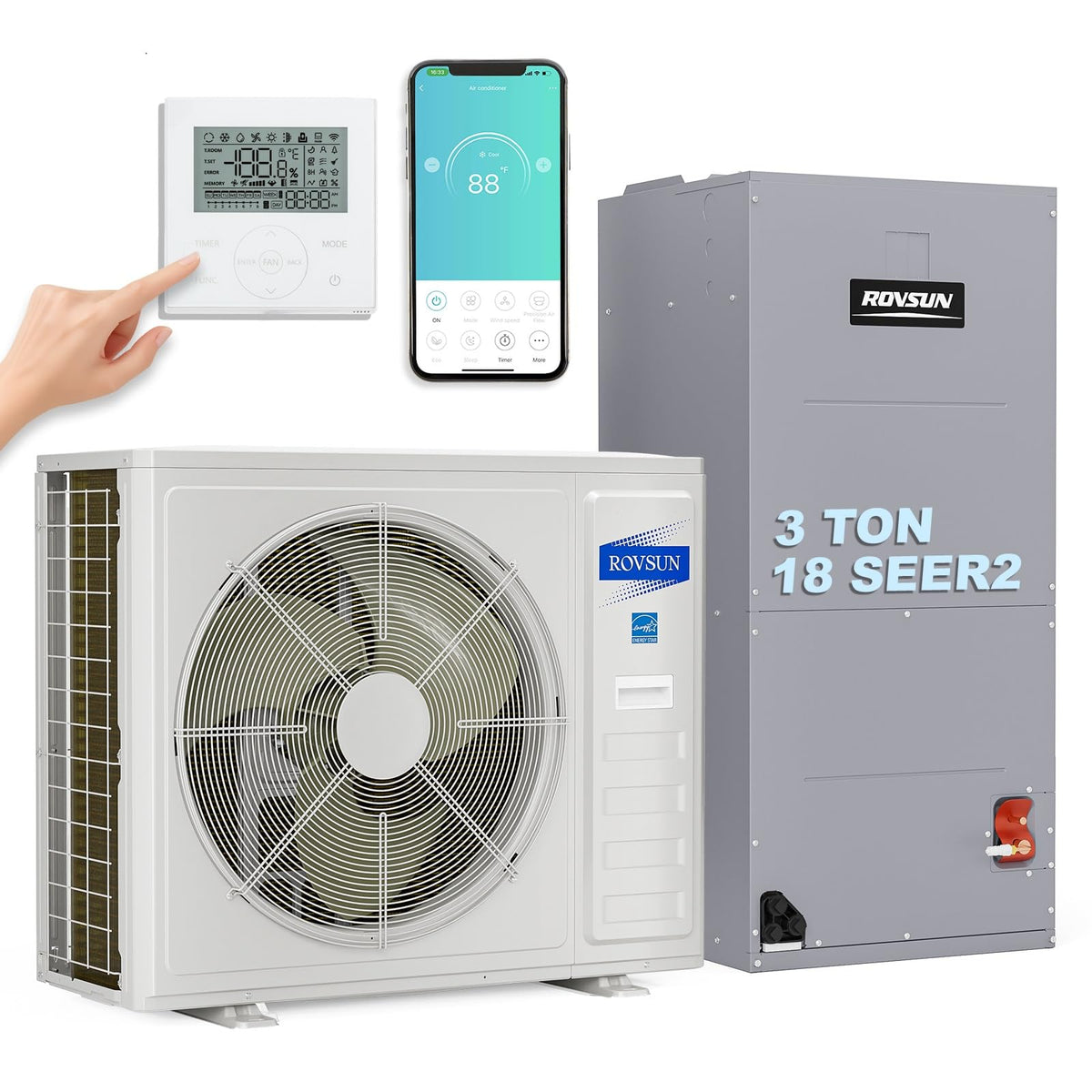 ROVSUN 36000 BTU 18 SEER2 230V Ducted Central Air Conditioner with Side Discharge Air Handler