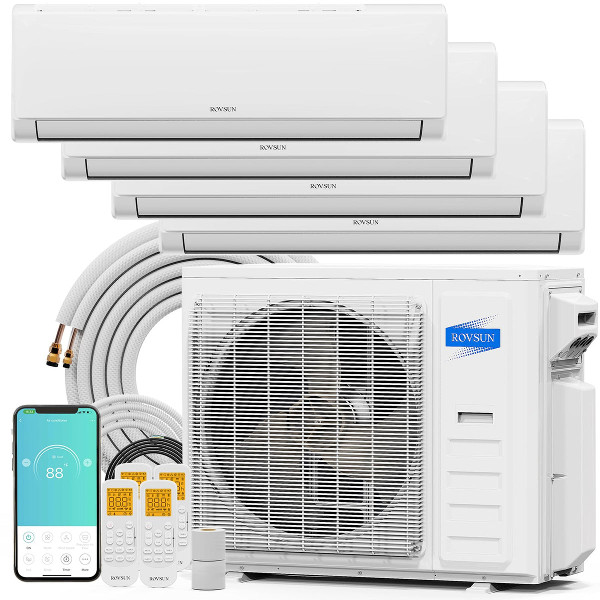 ROVSUN 38000 BTU 20 SEER2 230V Quad Zone (9K+9K+12K+18K) Mini Split Air Conditioner Heat Pump with 25ft Installation Kit