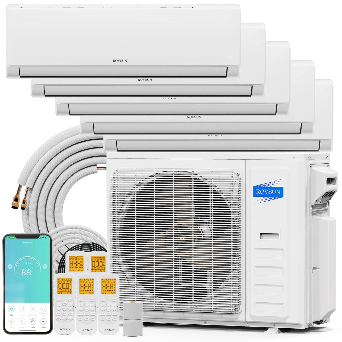 ROVSUN 42000 BTU 20 SEER2 230V Five Zone (9K+12K+12K+12K+12K) Mini Split Air Conditioner Heat Pump with 25ft Installation Kit