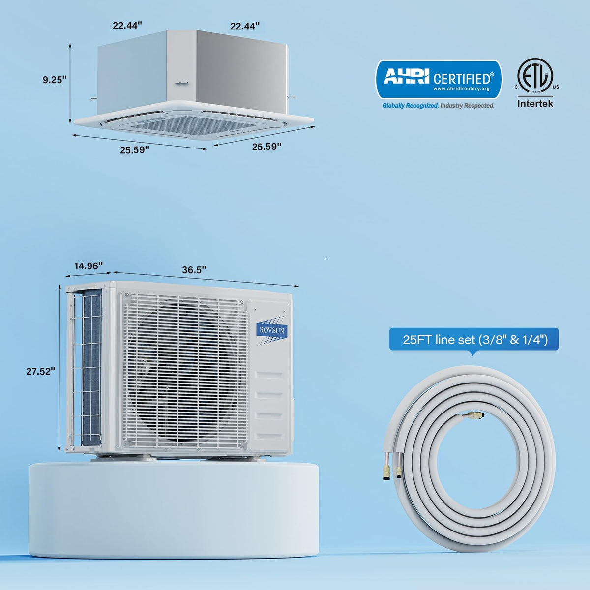 ROVSUN 18000 BTU 25 SEER2 230V Dual Zone (9K+9K) Ceiling Cassette Mini Split Air Conditioner Heat Pump with 25ft Installation Kit
