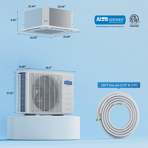 ROVSUN 18000 BTU 25 SEER2 230V Dual Zone (12K+12K) Ceiling Cassette Mini Split Air Conditioner Heat Pump with 25ft Installation Kit