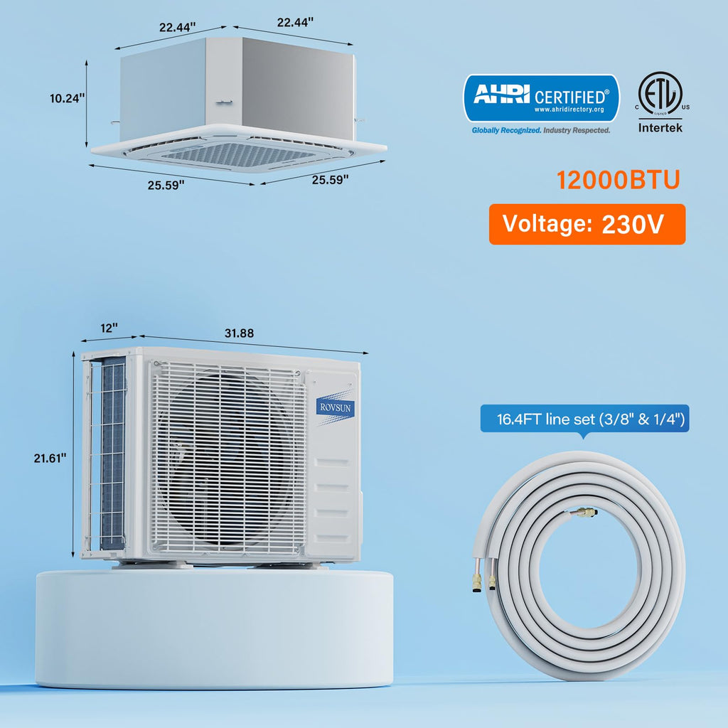 ROVSUN 12000 BTU 24 SEER2 230V Ceiling Cassette Mini Split Air Conditioner Heat Pump with 16ft Installation Kit