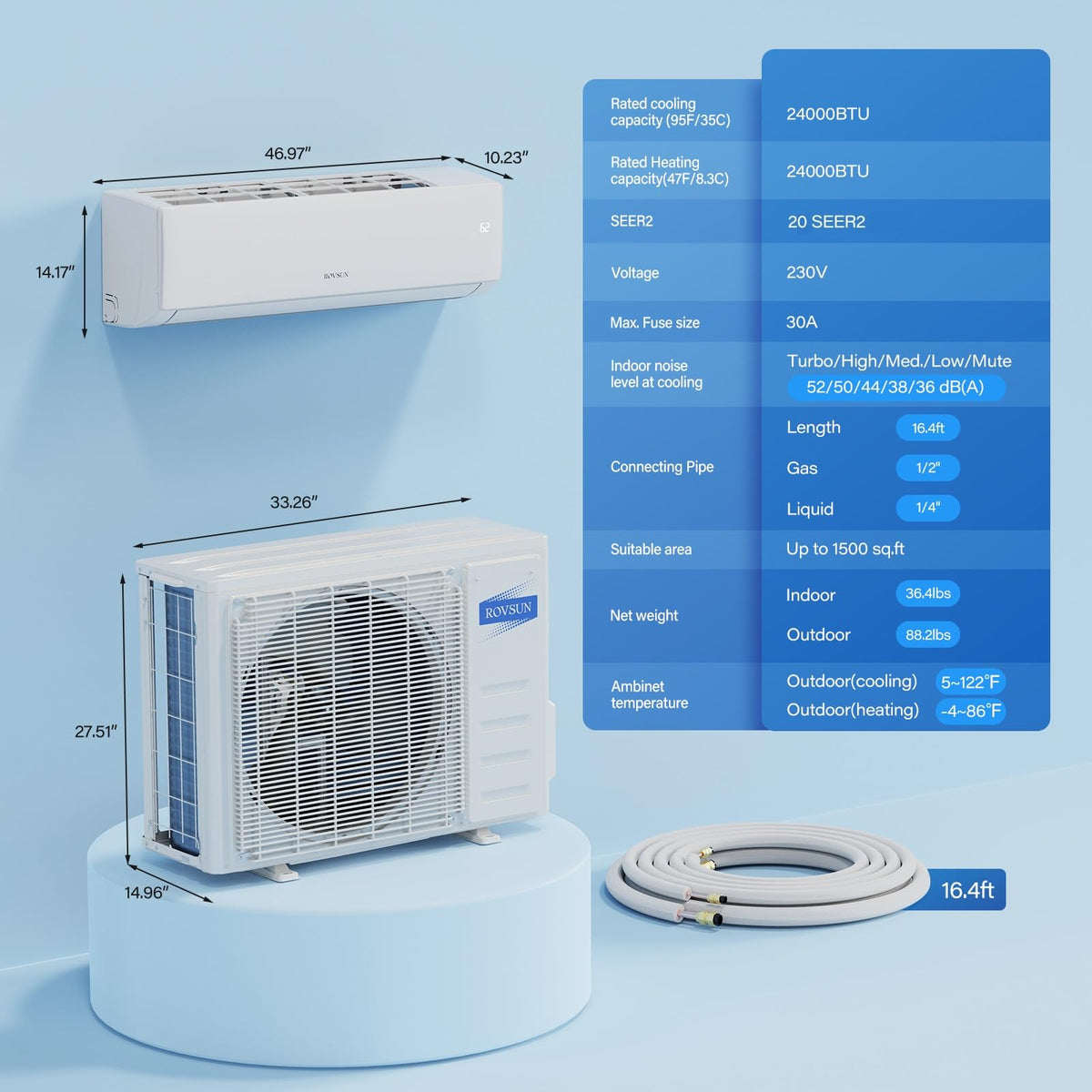 ROVSUN 24000 BTU 20 SEER2 230V Mini Split Air Conditioner Heat Pump with 16ft Installation Kit