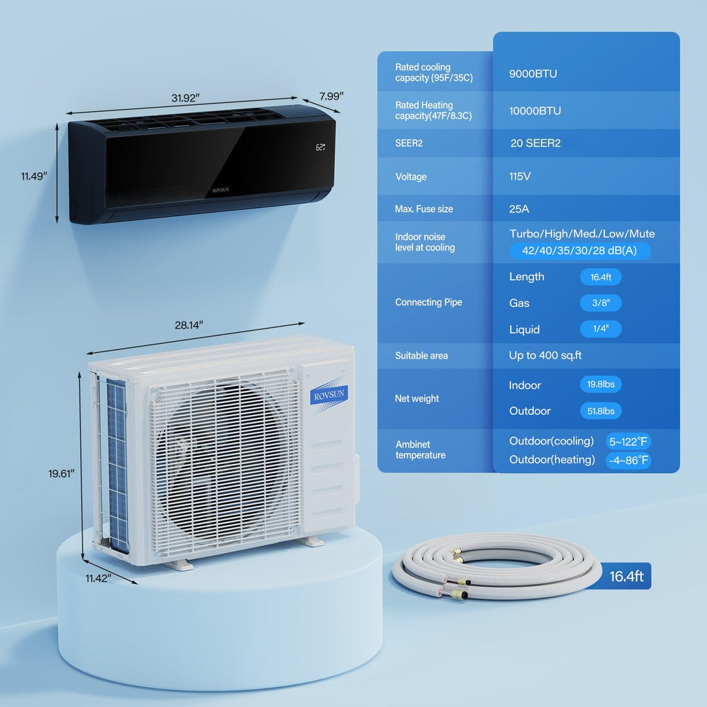 ROVSUN 9000 BTU 20 SEER2 115V Mini Split Air Conditioner Heat Pump with 16ft Installation Kit Black