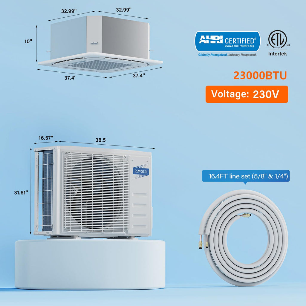 ROVSUN 23000 BTU 23 SEER2 230V Ceiling Cassette Mini Split Air Conditioner Heat Pump with 16ft Installation Kit