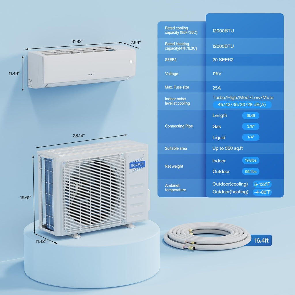 ROVSUN 12000 BTU 20 SEER2 115V Mini Split Air Conditioner Heat Pump with 16ft Installation Kit