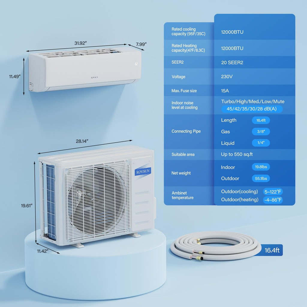 ROVSUN 12000 BTU 20 SEER2 230V Mini Split Air Conditioner Heat Pump with 16ft Installation Kit
