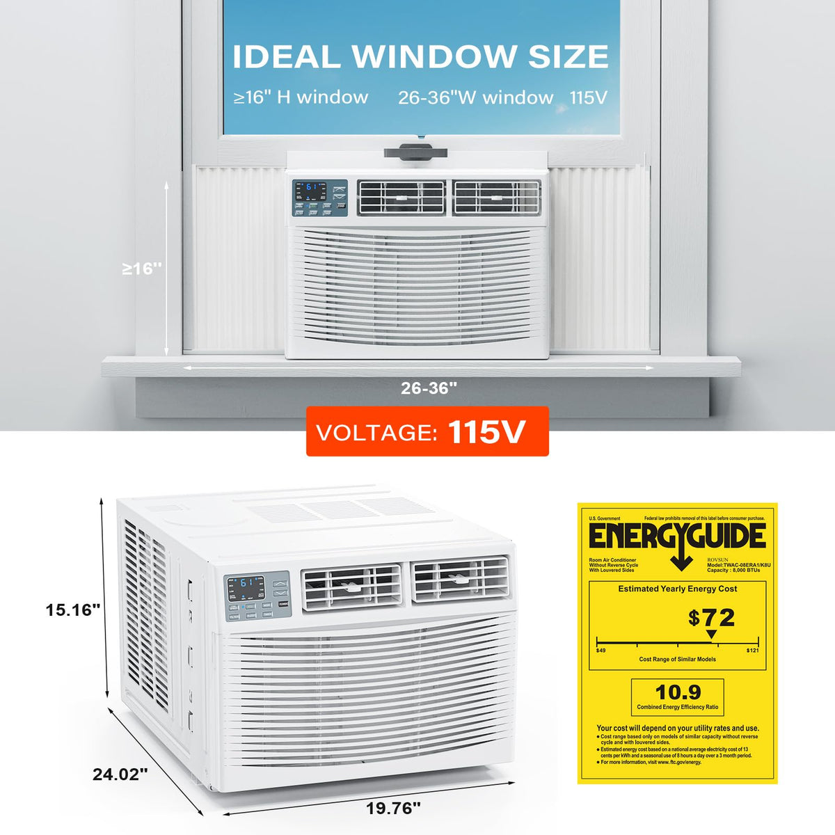 ROVSUN 8000 BTU 115V Window Air Conditioner with Electric Heat and Installation Kit