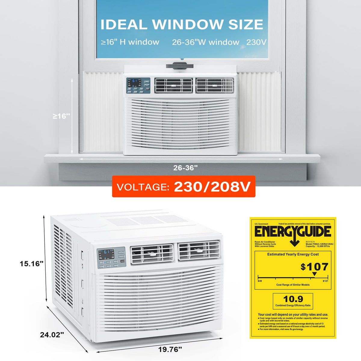 ROVSUN 12000 BTU 230V Window Air Conditioner with Electric Heat and Installation Kit
