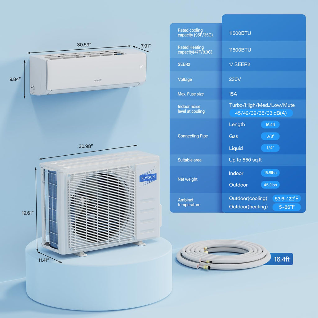 ROVSUN 11500 BTU 17 SEER2 230V Mini Split Air Conditioner Heat Pump with 16ft Installation Kit