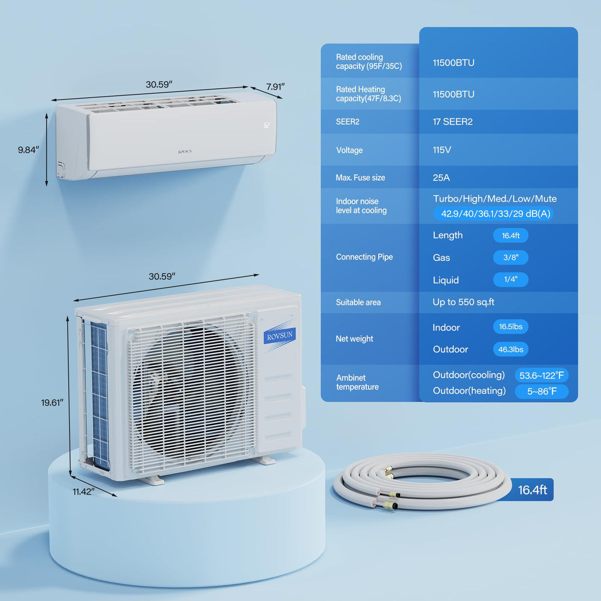 ROVSUN 11500 BTU 17 SEER2 115V Mini Split Air Conditioner Heat Pump with 16ft Installation Kit