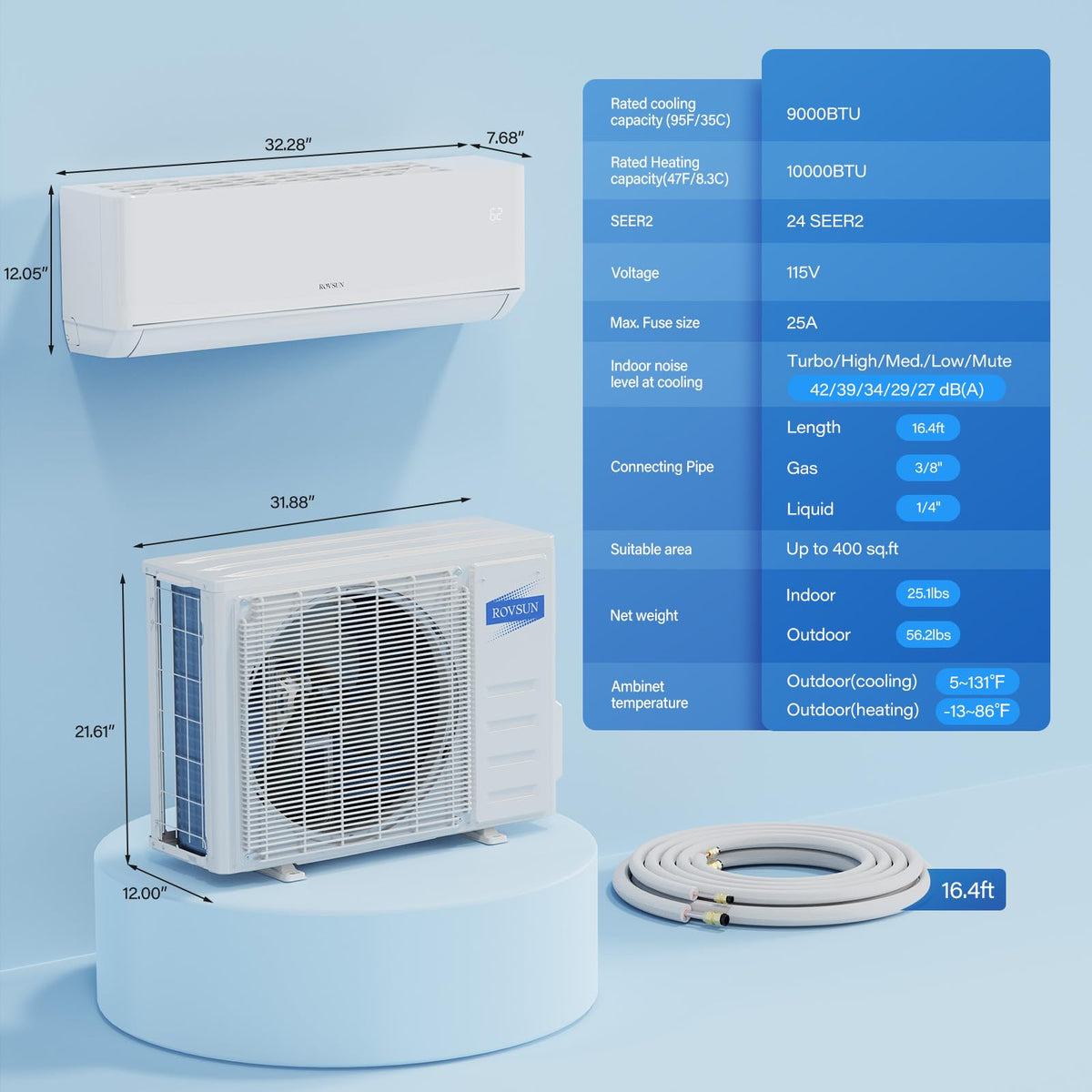 ROVSUN 9000 BTU 24 SEER2 115V Mini Split Air Conditioner Heat Pump with 16ft Installation Kit